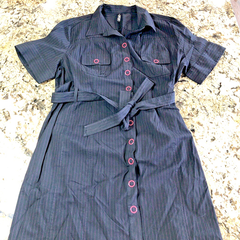 Button-Front Midi Shirt Dress with Belt - Black with Pink Accents